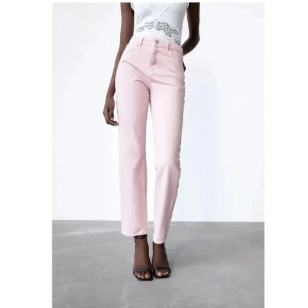 Zara Womens 6  High Rise Light Pink Straight Leg Jeans